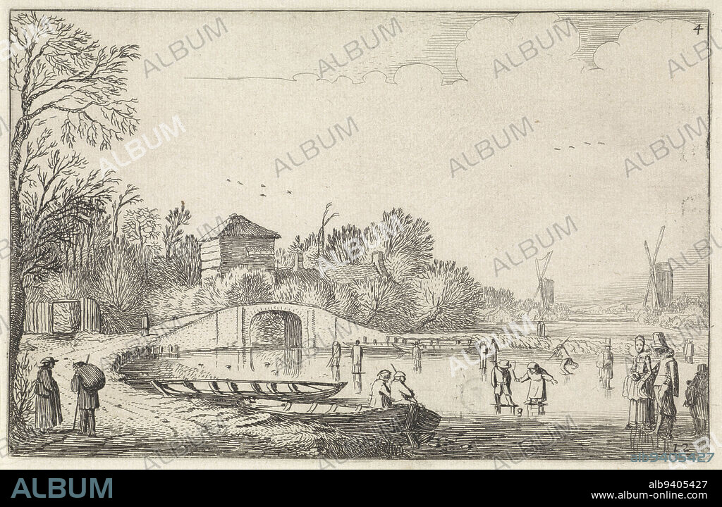 Winter landscape with figures skating on the ice near a stone bridge. In the background right two mills. On the left, two conversing figures on a path. Twelfth print from part four of a series of sixty prints with landscapes, divided into five parts of twelve prints each., Winter landscape with skaters by a bridge Landscapes (series title) Amenissimae aliquot requculae (series title), print maker: Jan van de Velde (II), Jan van de Velde (II), Northern Netherlands, 1616, paper, etching, h 120 mm × w 190 mm.