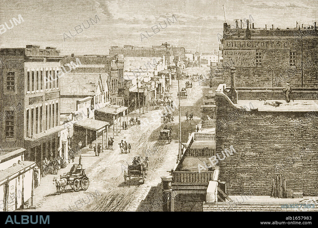 Street scene in Virginia City, Nevada in 1870s. From American Pictures Drawn With Pen And Pencil by Rev Samuel Manning circa 1880.