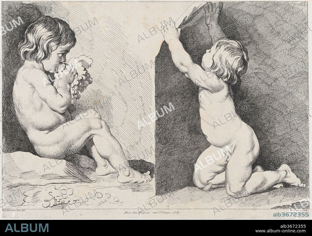 AFTER EDME BOUCHARDON, PIERRE ALEXANDRE AVELINE. Two nude children eating  grapes; from New Book of Children - Album alb3672355