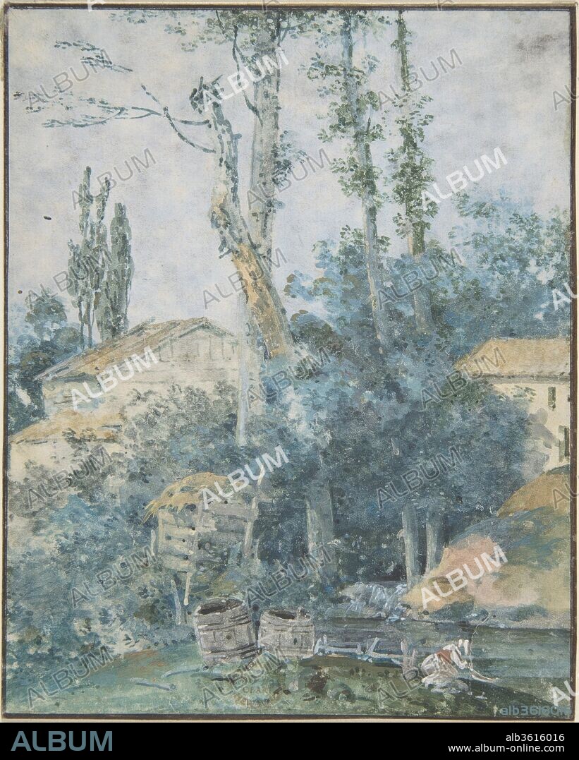 Rustic Scene - A Woman Washing Clothes in a Stream. Artist: Anonymous, French, 18th century. Dimensions: 5 3/4 x 4 5/8 in. (14.6 x 11.7 cm). Former Attribution: Formerly attributed to Jean Michel Moreau the Younger (French, Paris 1741-1814 Paris). Date: 18th century.