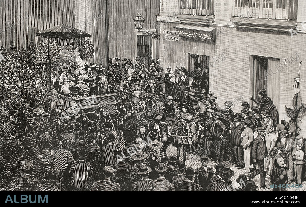 History of Spain. Andalusia. Carnival of Cadiz. Float of the Astros. Decorated in Assyrian style. On the chariot were representated the Sun and the Moon, lovingly embraced under a large umbrella. Engraving by Sampietro. La Ilustración Española y Americana, 1898.