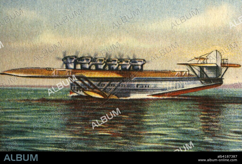 Dornier Do X II flying boat, 1920s, 1932. The Dornier Do X, produced by the Dornier company of Germany in 1929, was the largest, heaviest, and most powerful flying boat in the world at the time. From "Die Eroberung Der Luft", (The Conquest of the Air), cigarette card album produced by the Garbáty cigarette factory, 1932. Eugene and Moritz Garbáty, who were Jewish, were driven out of business by the Nazis in the late 1930s, and forced to sell their factory which lay empty for over 70 years. [Garbaty Cigarettenfabrik, Berlin-Pankow, 1932].