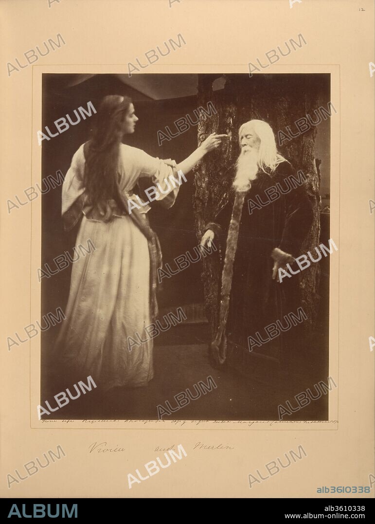 Vivien and Merlin. Artist: Julia Margaret Cameron (British (born India), Calcutta 1815-1879 Kalutara, Ceylon). Dimensions: 30.4 x 25.3 cm (11 15/16 x 9 15/16 in. ). Date: 1874.
In 1874, Julia Margaret Cameron was asked by her friend and neighbor Alfred, Lord Tennyson to illustrate a new edition of his Idylls of the King, a recasting of the Arthurian legend in which the poet laureate projected the downfall of Victorian society. Compared to earlier editions illustrated by Gustave Doré and by Pre-Raphaelite artists, Cameron's folio, with twelve large original photographs and a frontispiece portrait of Tennyson himself, was decidedly extravagant. Cameron lavished great care on this, her last project, making 180 exposures of her family and friends posed as living embodiments of the moralizing episodes.
Here we see the photographer's husband, Henry Hay Cameron, posed as Tennyson's Merlin-"an old darling," according to Cameron-the magician whose purity was the wellspring of his power, and an unidentified girl playing the harlot Vivien, who enchants him. Mr. Cameron, very much in character as Tennyson's Merlin, stands before "the hollow oak" (carried in from Tennyson's property), "lost to life and use, and name and fame." The picture succeeds through the language of gesture: Vivien's turning, pointing attitude (which Cameron aptly termed "piquante") and Merlin's dreamlike trance make this the image incarnate of the casting of a spell.