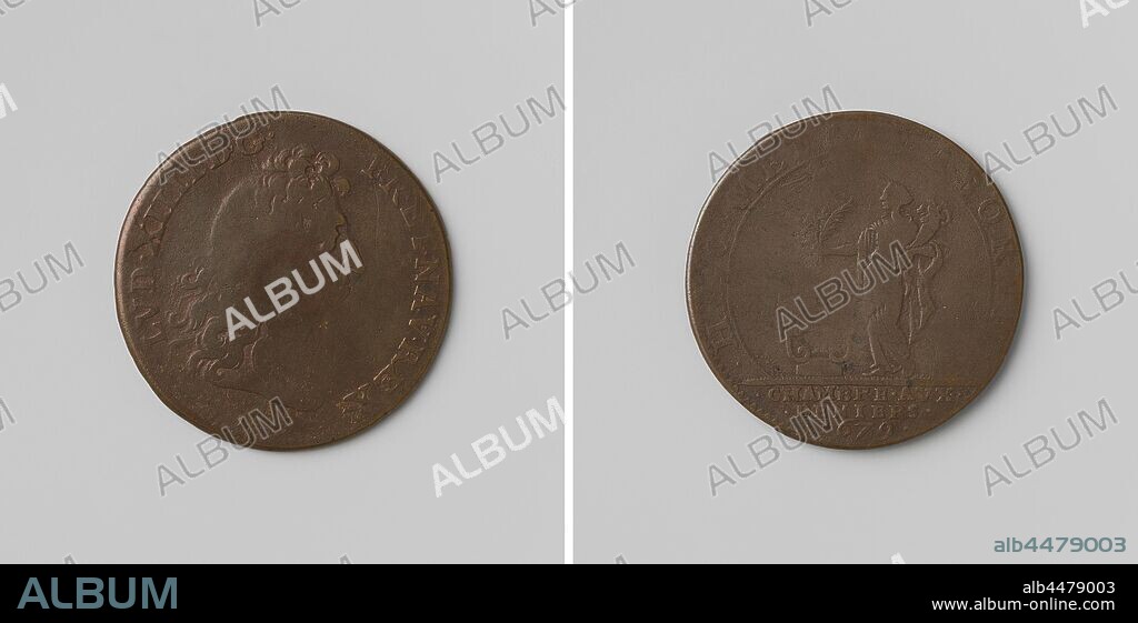 Peace of Nijmegen, counted token charged by the Chambre aux Deniers, in honor of Louis XIV, King of France, Copper Medal. Front: man's bust inside the inside. Reverse: Shined by radiant sun, Peace holds olive branch in vast right and filled horn of abundance in left hand within circumference, cut off: inscription, Nijmegen, Louis XIV (King of France), Monogrammist L (medailleur), France, 1679, copper (metal), striking (metalworking), d 2.7 cm × w 6.41 gr.