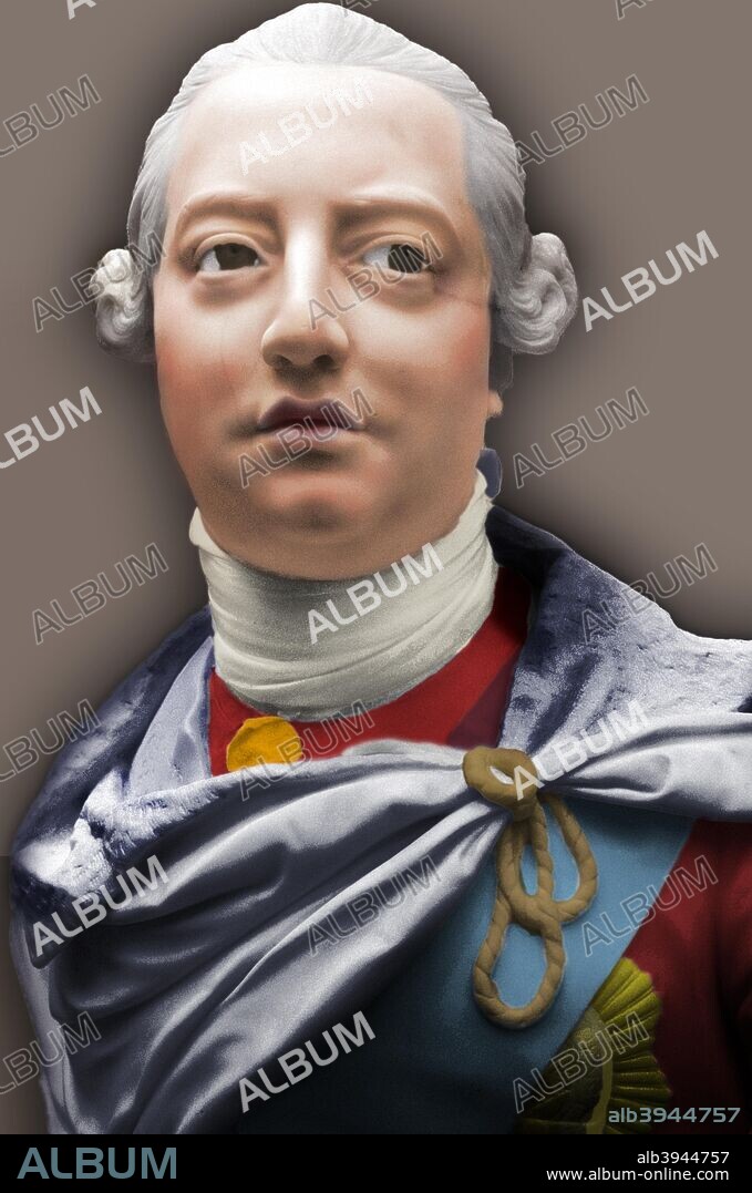 Bust of King George III (1760-1820), 1767. During his reign, Britain became the dominant power in Europe, but lost it's American colonies, and in his later life he suffered from mental illness. From the V&A's Collection. (Colourised artwork based on an original sculpture).