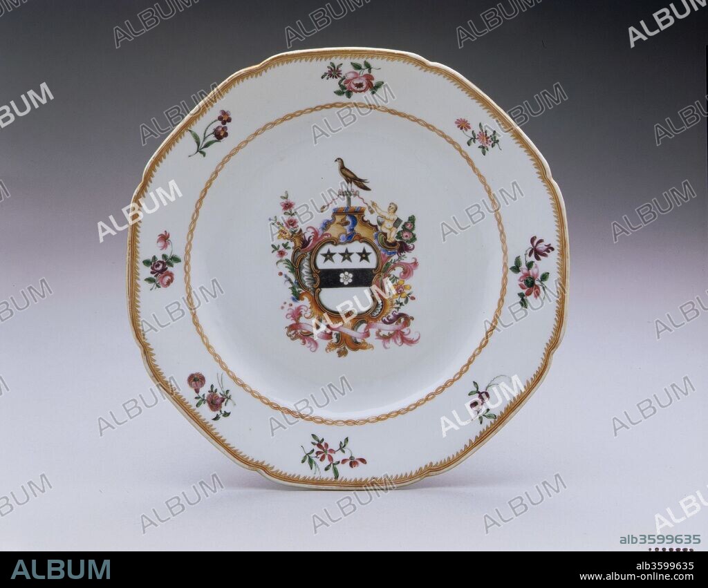 Plate. Culture: Chinese, for American market. Dimensions: Diam. 9 in. (22.9 cm). Date: 1785-90.
This object belongs to a large dinner service (10.149.1-.248) bearing the Townley family coat-of-arms. The service, probably ordered by Justice Samuel Chase (1741-1811) of Annapolis, Maryland, displays the enamel-painted arms of Margaret Townley, Chase's aunt.