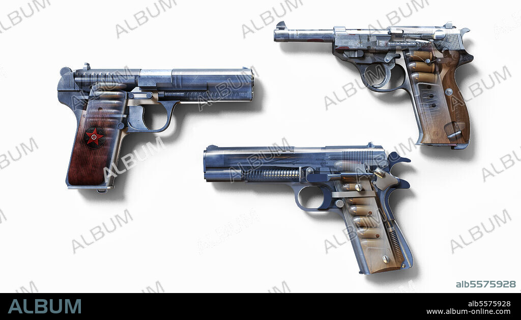 Illustrative comparison between three semi-automatic hand guns of WWII: the Tokarev TT33, the Walther P38 and the Browning M1911.