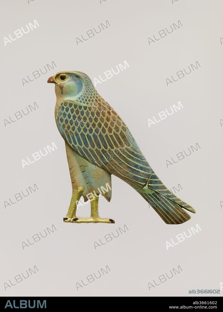 Inlay in the form of the Horus falcon. Dimensions: H. 16 cm (6 5/16 in.); W. 1.2 cm (1/2 in.); L. 15.5 cm (6 1/8 in.). Date: 4th century B.C..
This inlay represents the falcon god Horus. As a god closely associated with kingship, the Horus hieroglyph appears prominently in the king's titularies, and may also - as it does in Dynasty 30 - appear in the king's particular names.