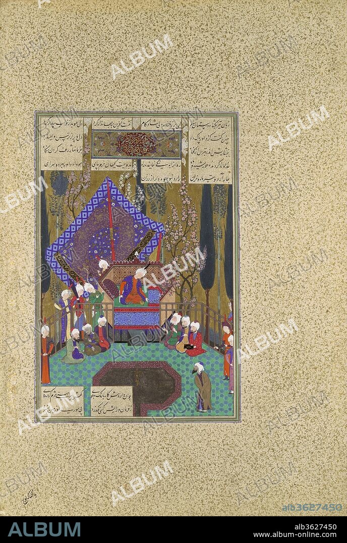 PAINTING ATTRIBUTED TO SULTAN MUHAMMAD (ACTIVE FIRST HALF 16TH CENTURY), ASSISTED BY 'ABD AL-'AZIZ. "Zal Consults the Magi", Folio 73v from the Shahnama (Book of Kings) of Shah Tahmasp. Artist: Painting attributed to Sultan Muhammad (active first half 16th century) , assisted by 'Abd al-'Aziz. Author: Abu'l Qasim Firdausi (935-1020). Dimensions: Painting: H. 11 1/16 x W. 7 1/4 in. (H. 28.1 x W. 18.4 cm)
Entire Page: H. 18 9/16 x W. 12 1/2 in. (H. 47.1 x W. 31.8 cm). Workshop director: Sultan Muhammad (active first half 16th century). Date: ca. 1530-35.
In this painting, Zal is depicted enthroned as he consults his magi, or Zoroastrian wise men, on how to win his father's approval to marry Rudaba, the granddaughter of the evil king Zahhak. The phoenix-like bird on the canopy may refer to the simurgh, which saved and nurtured the infant Zal, whose parents had rejected him for being an albino. The sinuous flowering trees often appear in Turkmen painting of Tabriz.