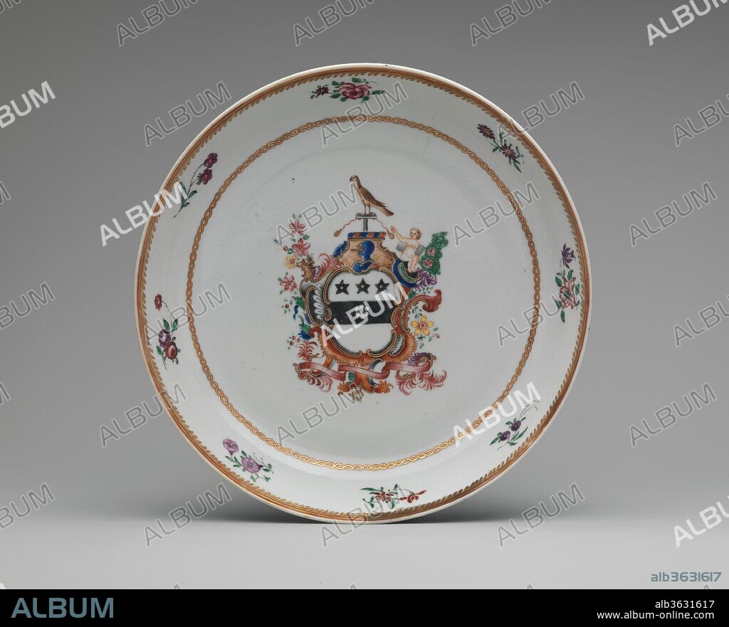 Tray. Culture: Chinese, for American market. Dimensions: H. 5 1/2 in. (14 cm). Date: 1785-90.
This object belongs to a large dinner service (10.149.1-.248) bearing the Townley family coat-of-arms. The service, probably ordered by Justice Samuel Chase (1741-1811) of Annapolis, Maryland, displays the enamel-painted arms of Margaret Townley, Chase's aunt.