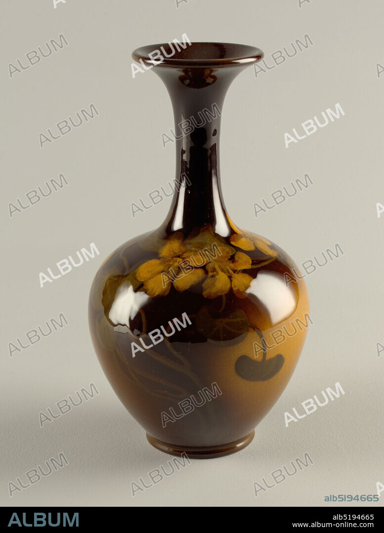 Vase, Rookwood Pottery, American, 1880 - 1967, earthenware, glaze, Ovoid  body, tall slender neck with flaring lip, banded foot. On shoulder and body  ochre yellow nasturnum - Album alb5194665