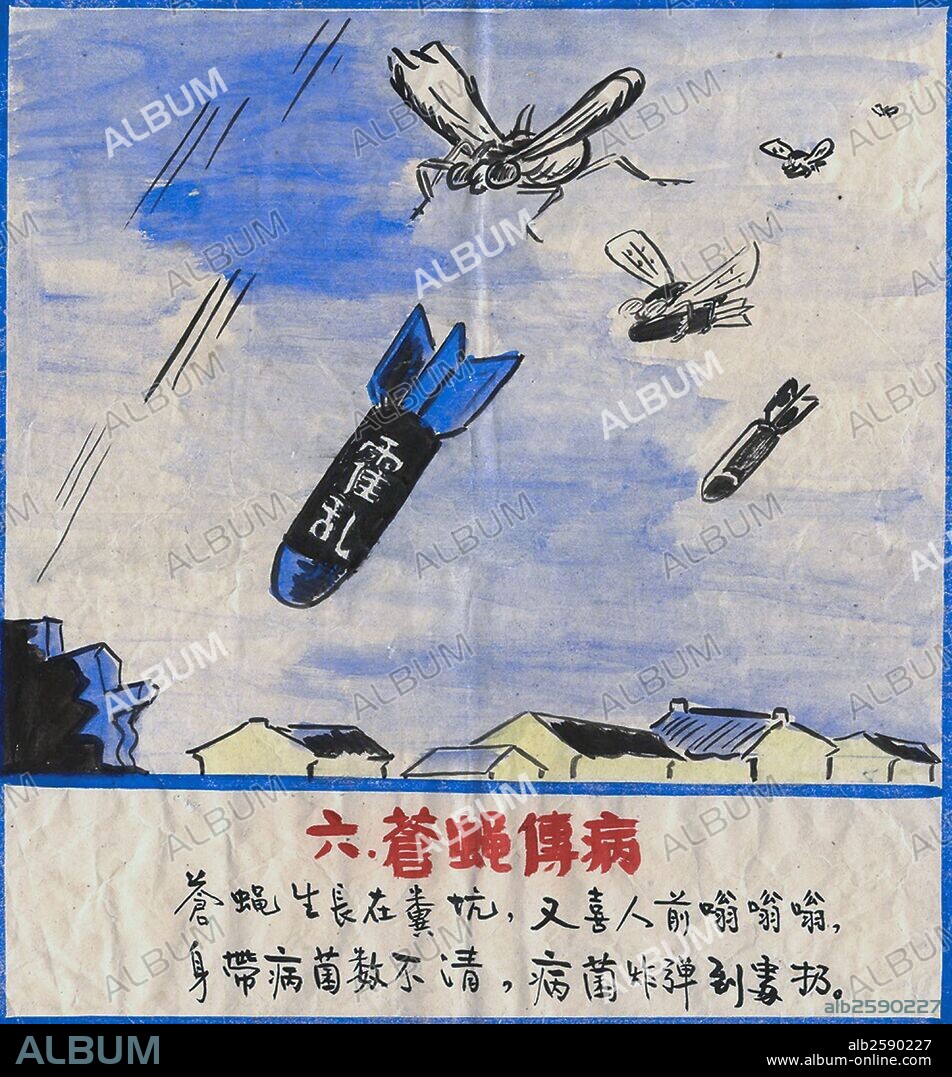 This Chinese poster shows a number of Flies in the sky dropping bombs, the bombs represent the germs and infections that flies carry. These dramatic posters were used to emphasize the danger of flies (infection and diseases) and the importance of hygeine. Dated c1920.