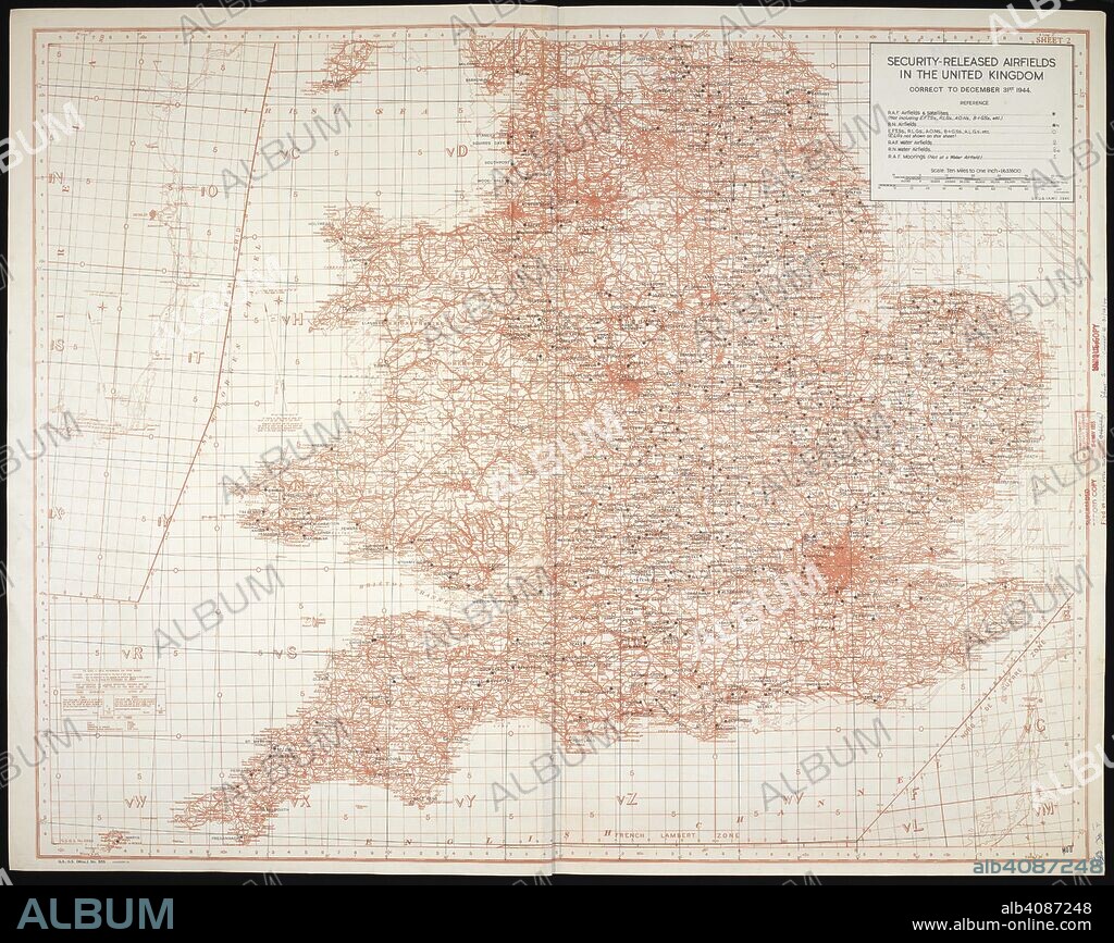 Map/chart of security Released Airfields in the United Kingdom, to 31st December 1944. Security Released Airfields in the United Kingdom, GSGS Misc 505. [S.l.] : [s.n.], 1944-1945. col.; Scale 1:633 600. Source: Maps MOD GSGS Misc 505. Lower half of map.