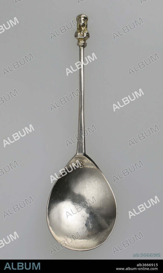 Maidenhead Type Spoon. Culture: British. Dimensions: Overall: 6 1/8 in. (15.6 cm). Date: probably late 15th century.
Maidenhead spoons seem to have made their appearance in the late fourteenth century. That some were indented to represent the Virgin Mary is revealed in an inventory of Durham Priory, in 1446, in which "ij coclearia argentea at deaurata unius sectae, cum ymaginibus Beatae Mariae in fine eorundem" ("two partially gilded silver spoons with the image of the Holy Mary at their ends"), and again in a much later of 1525 in which spoons "knopped with the image of our Lady" are mentioned. In the present example, the Virgin, dressed in the fashion of the first half of the fifteenth century, wears an elaborate rolled headdress and a dress with a V-shaped neckline and a raised collar. 
These two spoons, although both probably of provincial workmanship since they bear no clearly identifiable London silver mark, are good examples of two of the most popular types of spoons in the late fourteenth centuries. The other most common types were the diamond point, the seal top, and the slip-top.