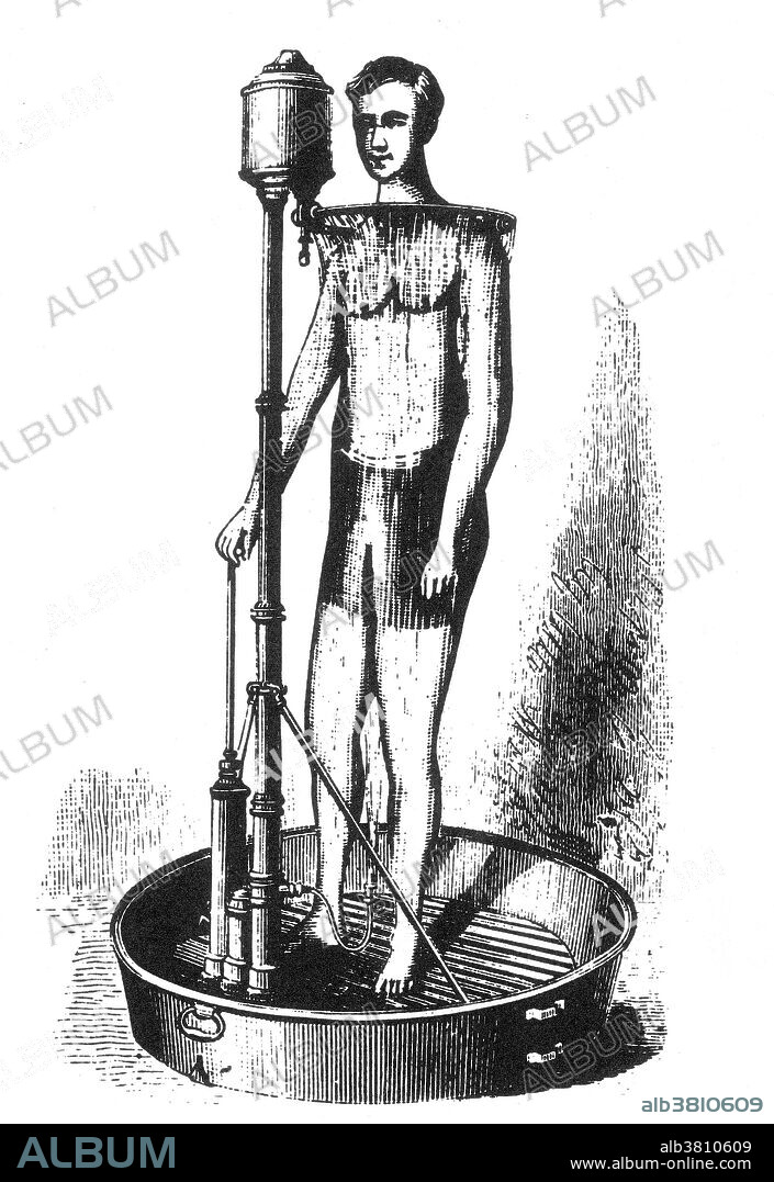 Portable Shower Bath, 1880. Gaston Bozerian invented a collapsible shower bath that could be stored compactly in the round, flat tub. The water was pumped by hand; a reservoir fitted at the top allowed the user to enjoy a brief shower bath after a short period of pumping. The perforated ring could be set at various heights to accommodate both adults and children.