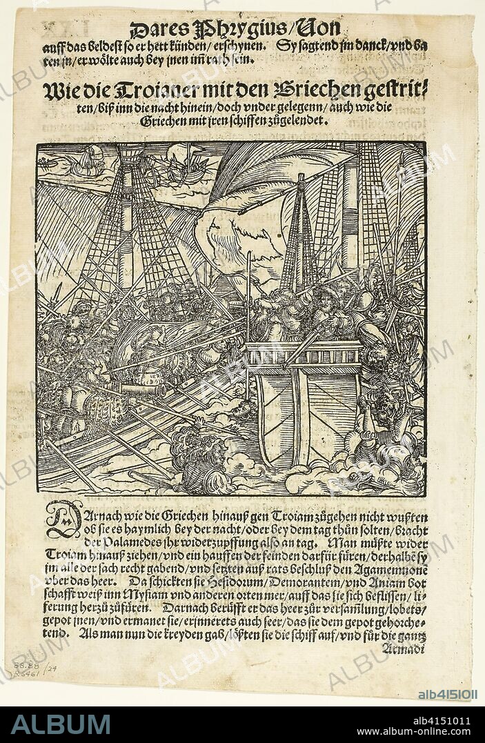 Illustration from Von dem Troianischen Krieg, plate 24 from Woodcuts from Books of the XVI Century. Hans Weiditz II (Master of Petrarch) (German, c.1495-1536); assembled by Max Geisberg (Swiss, 1875-1943). Date: 1536. Dimensions: 141 × 156 mm (image); 253 × 157 mm (image/te×t); 273 × 187 mm (sheet). Woodcut on paper. Origin: Germany.