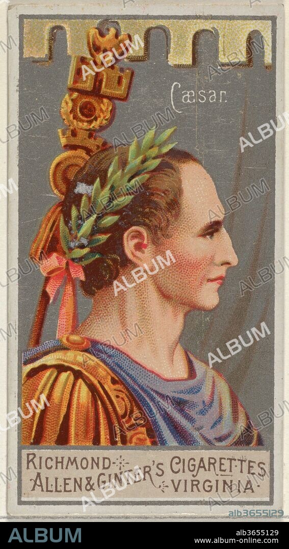 Gaius Julius Cæsar, from the Great Generals series (N15) for Allen & Ginter Cigarettes Brands. Dimensions: Sheet: 2 3/4 x 1 1/2 in. (7 x 3.8 cm). Lithographer: George S. Harris & Sons (American, Philadelphia). Publisher: Allen & Ginter (American, Richmond, Virginia). Date: 1888.
Trade cards from the "Great Generals" series (N15), issued in 1888 in a set of 50 cards to promote Allen & Ginter brand cigarettes.