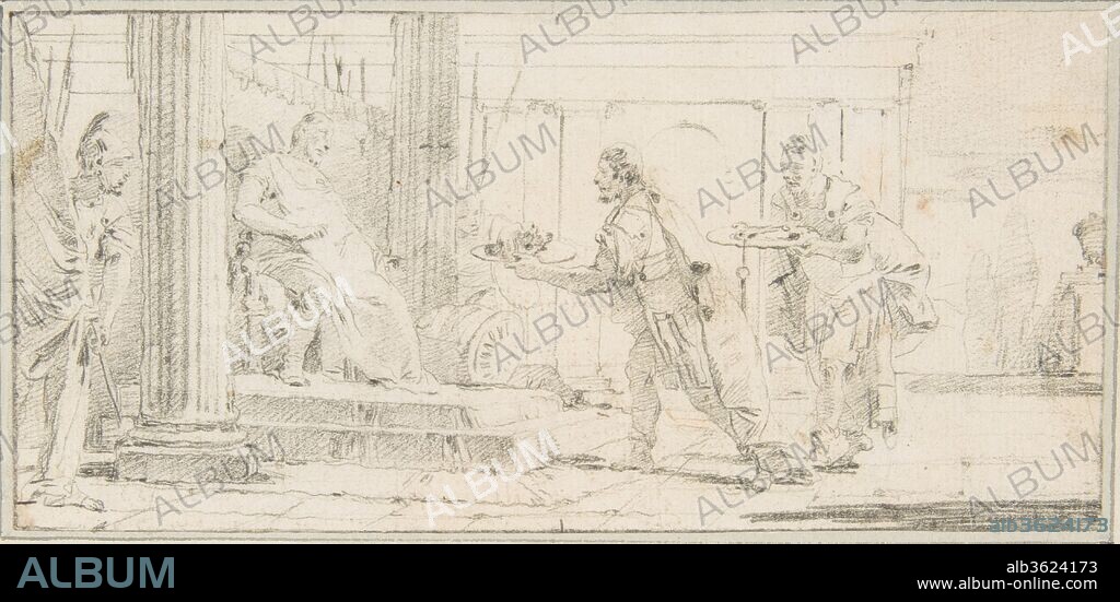 Illustration for a Book:  Soldiers Offering the Decapitated Head of a Man and Keys to a General. Artist: Giovanni Battista Tiepolo (Italian, Venice 1696-1770 Madrid). Dimensions: 2-15/16 x 6-1/8 in.  (7.5 x 15.5 cm). Series/Portfolio: See Metropolitan Museum of Art acc. nos. 59.600.176 - 59.600.212. Date: 1696-1770.