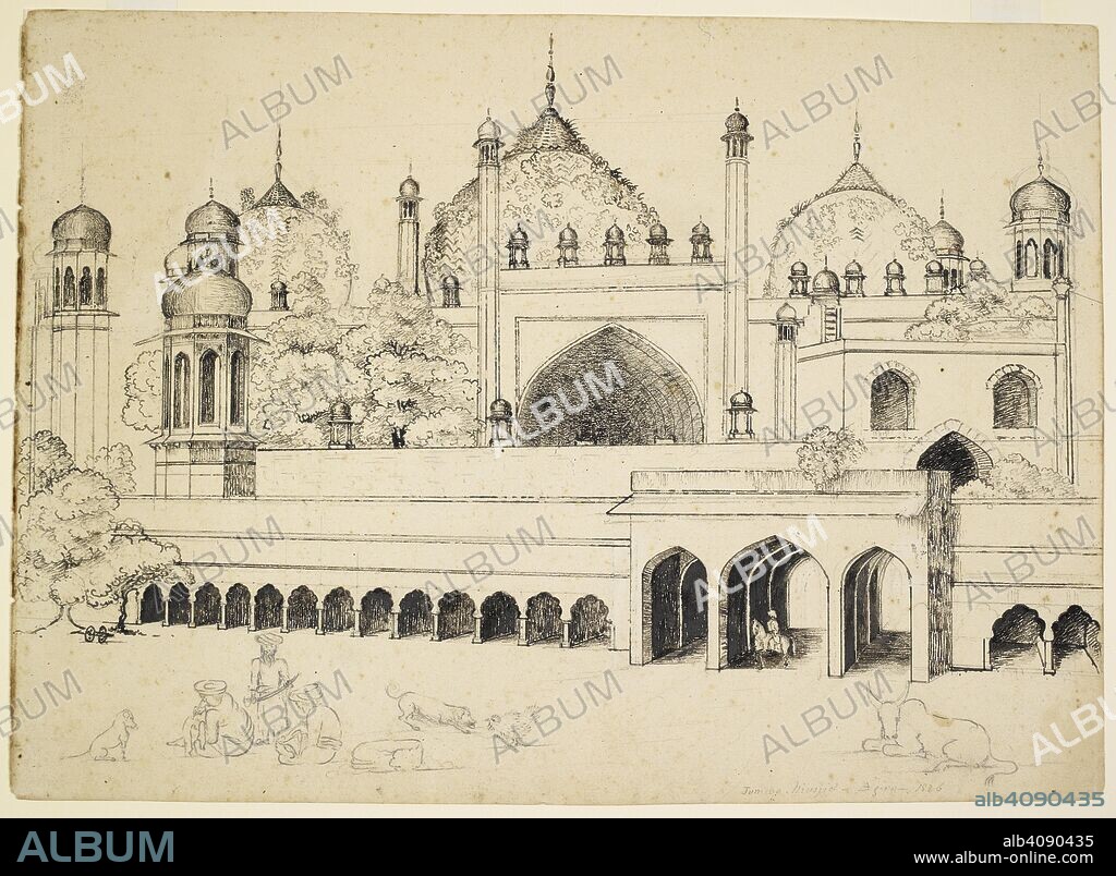 JAMES ABOTT. Jami Masjid, Agra, showing the now demolished Tripolia Gate and a gate to the mosque. 1826. pencil; ink. Source: WD 3408.