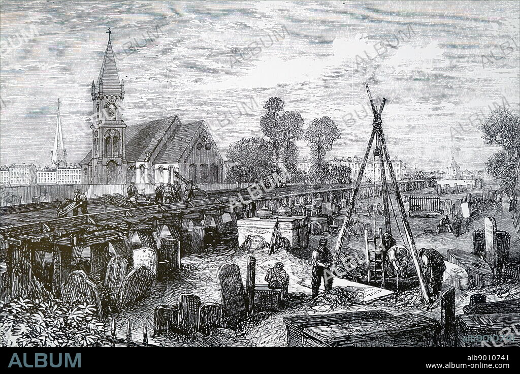 Engraving depicting the construction of the Midland railway track - work in progress in Old St Pancras Churchyard, London. Dated 19th century.