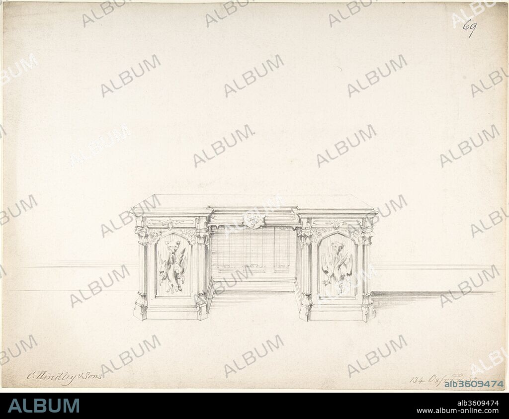 Design for Wooden Desk. Artist: Charles Hindley and Sons (British, London 1841-1917 London). Dimensions: sheet: 10 11/16 x 14 in. (27.2 x 35.6 cm). Date: 1841-84.