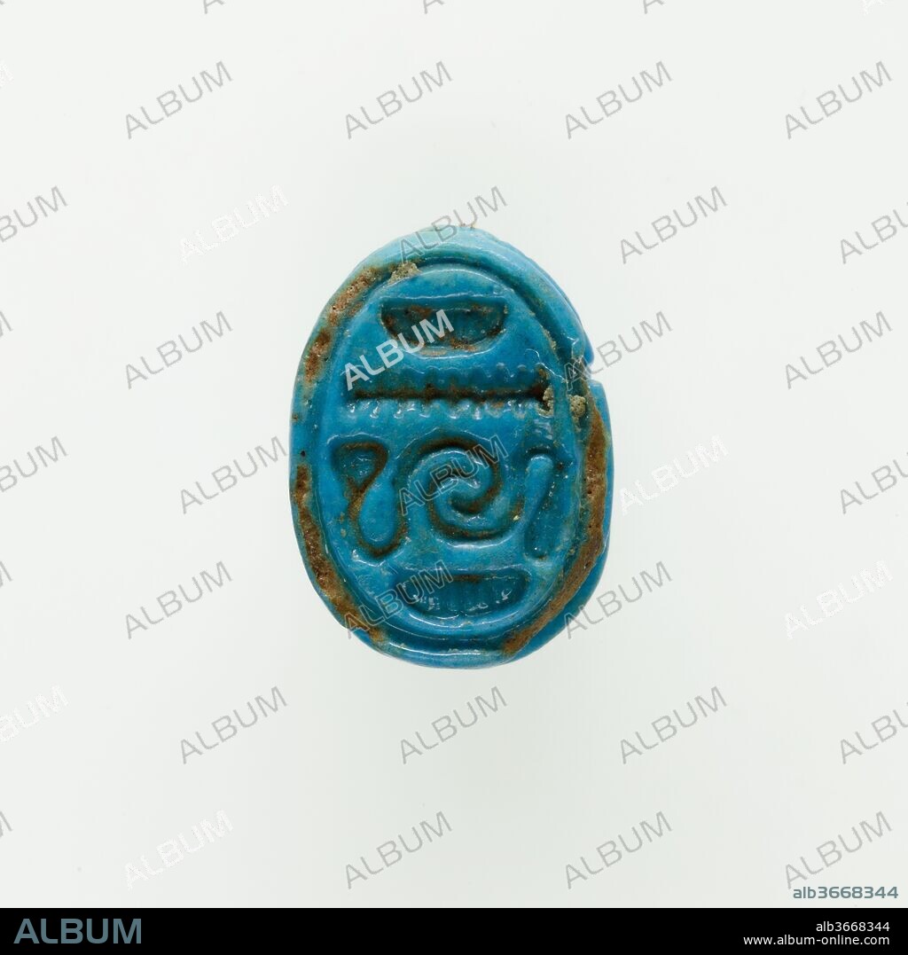 Scarab. Dimensions: L. 1.2 cm (1/2 in.); W. 0.9 cm (3/8 in.); H. 0.6 cm (1/4 in.). Dynasty: Dynasty 18, early. Reign: reign of Thutmose II-Early Joint reign. Date: ca. 1492-1473 B.C..
This scarab was found with twenty-three other scarabs and seal-amulets in the coffin of a young woman who was buried in Hatnefer's tomb (see 36.3.1 and 36.3 26). The base is inscribed with a decorative pattern.