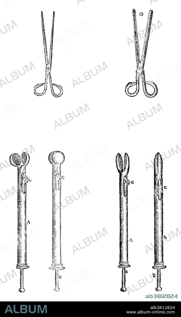 These bullet extractors bear witness to the growing importance of firearms on the 16th century battlefield. The firearms of the time used large, soft lead balls that had a relatively low muzzle velocity. When bullet met bone, both tended to shatter. Moreover, the bullets tended to bring bits of torn clothing into the wound, increasing the risk of infection. ParÃ©'s first published work was a treatise on the proper treatment of gunshot wounds. The 1585 edition of ParÃ©'s Oeuvres (Collected Works) represents the final summary of his life's work. It has over twelve hundred folio pages, with nearly 400 illustrations drawing upon a lifetime of practice. Four editions of the Oeuvres were published during his lifetime, and this is the last and the most complete. Often his descriptions of difficult cases end with the same simple sentence, "I treated him, but God cured him." Ambroise ParÃ© (1510 - December 20, 1590) was a French surgeon, anatomist, inventor and one of the fathers of surgery and modern forensic pathology.