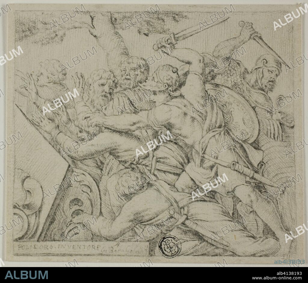 Soldiers of Cyrus Tearing Apart the Army of Spargabise. After Polidoro Caldara, called Polidoro da Caravaggio; Italian, c. 1499-c. 1543. Date: 1680-1720. Dimensions: 116 x 134 mm. Black chalk on ivory laid paper. Origin: Italy.