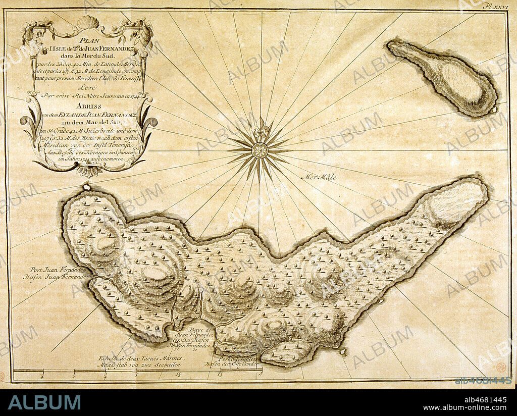 Carte de l'ile Juan Fernandez (ile de Robinson Crusoe). Illustration tiree de l'ouvrage de Don George JUAN et Don Antoine de Ulloa 'Voyage historique de l'Amerique meridionale..', edition de 1752 (18e, 18eme, XVIIIe s.). Credit : JEAN VIGNE / KHARBINE-TAPABOR.