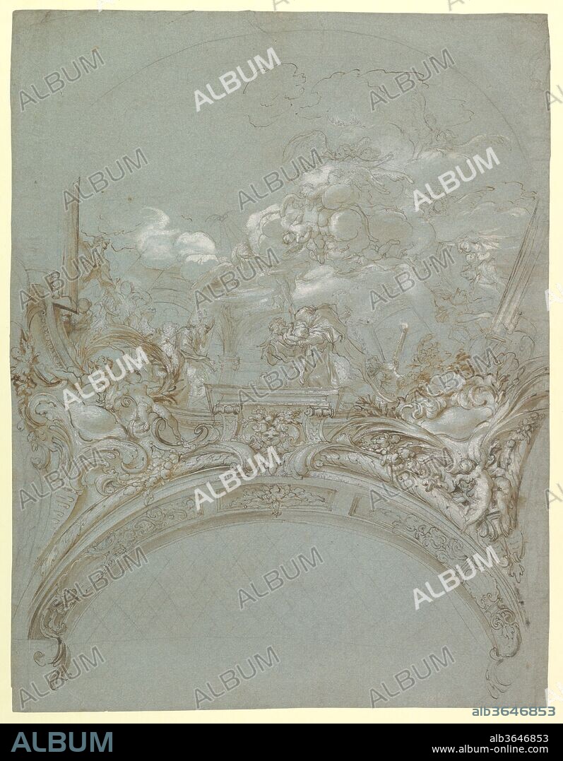 Ceiling Design with the Presentation in the Temple. Artist: Gregorio de' Ferrari (Italian, Porto Maurizio 1647-1726 Genoa). Dimensions: 20-3/4 x 16-1/4 in.  (52.7 x 41.3 cm). Date: 1647-1726.
Gregorio de Ferrari's virtuosity as a designer of illusionistic fresco paintings can be appreciated with particular immediacy in his numerous extant compositional drawings. Their mastery of perspective and architecture were particularly admired by his contemporaries (see Soprani-Ratti 1768-69, vol. 2, p. 115). 
As in the present drawing, the artist often projected his figural narratives in steep 'sotto in su' (seen from below) perspective, framing them with delightful fictive architectural detailing. Mary L. Myers attributed the Metropolitan Museum's sheet to Gregorio (New York 1975, no. 22), an attribution reinforced by a related drawing in the print room of the Palazzo Rosso, Genoa (inv. no. 2130), which is drawn in the same medium and depicts another Marian subject, the Immaculate Conception (Newcome 1973-74, pp. 82-83; Gruitrooy 1987, pp. 431-32, 458-59). Both figural designs are set within irregular fields, punctuated at the corners with richly embellished pendentives spanning a grated, arched window, and share a theatrical exuberance of light and linear rhythm.
Before coming to Genoa, the city which became his home and which he greatly enriched with his art, Gregorio de Ferrari immersed himself in the works of Correggio in Parma, where he lived for several years.  It is often noted that his study of Correggio was decisive for his development of an exuberant lyricism, bravura effects of light and color, and sweeping, rhythmic compositions. These qualities identify the author of this formerly anonymous drawing as Gregorio.
(Carmen C. Bambach).