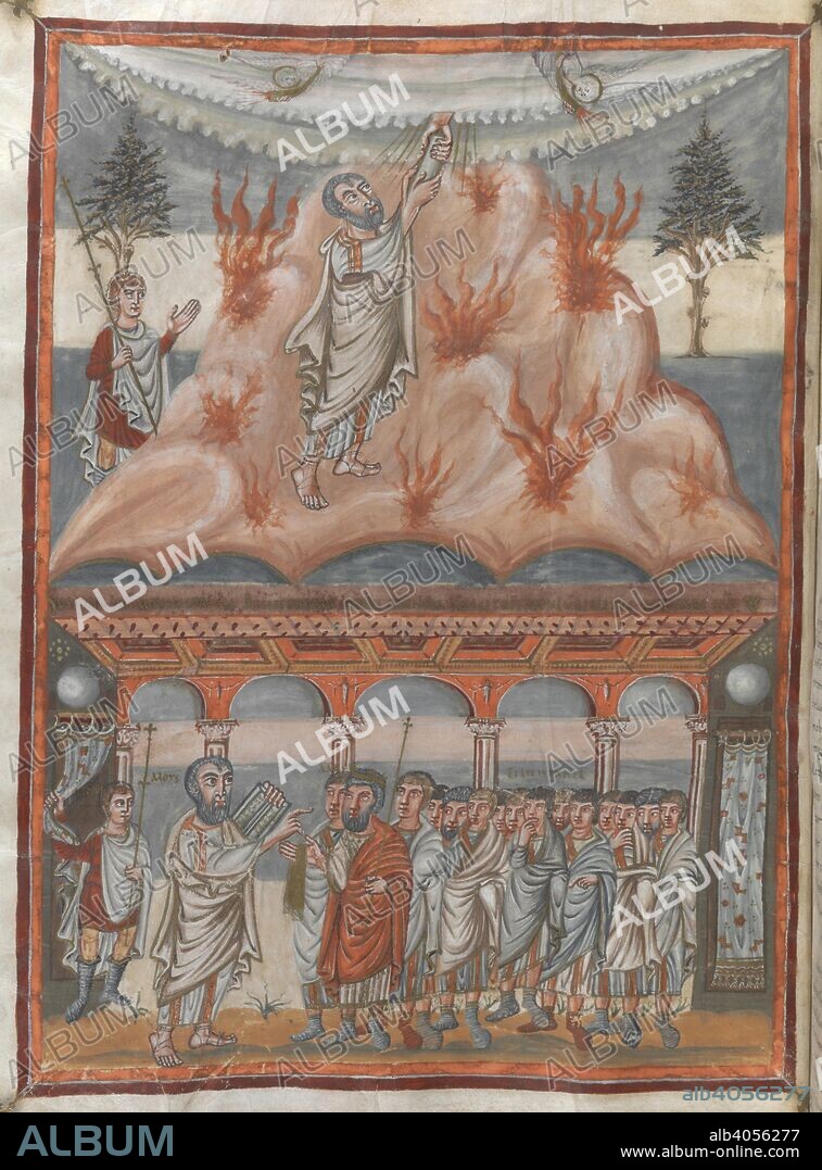 ANON. Miniature in two registers: Moses receiving the tablets of law; Moses addressing Aaron and the Israelites (Exodus). Moutier-Grandval Bible. Tours [St Martin]; circa 834-843. Source: Add. 10546, f.25v. Language: Latin.