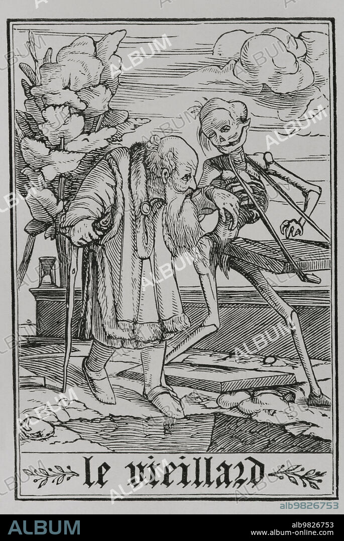 The Old Man. Death, depicted as a skeleton playing a musical instrument, accompanies an old man to his grave. Facsimile of an engraving, belonging to the series "The Dance of Death" by Hans Holbein the Younger, in "Les Simulachres et Histoires facées de la Mort", 1538. "Vie Militaire et Religieuse au Moyen Age et à l'Epoque de la Renaissance". Paris, 1877.