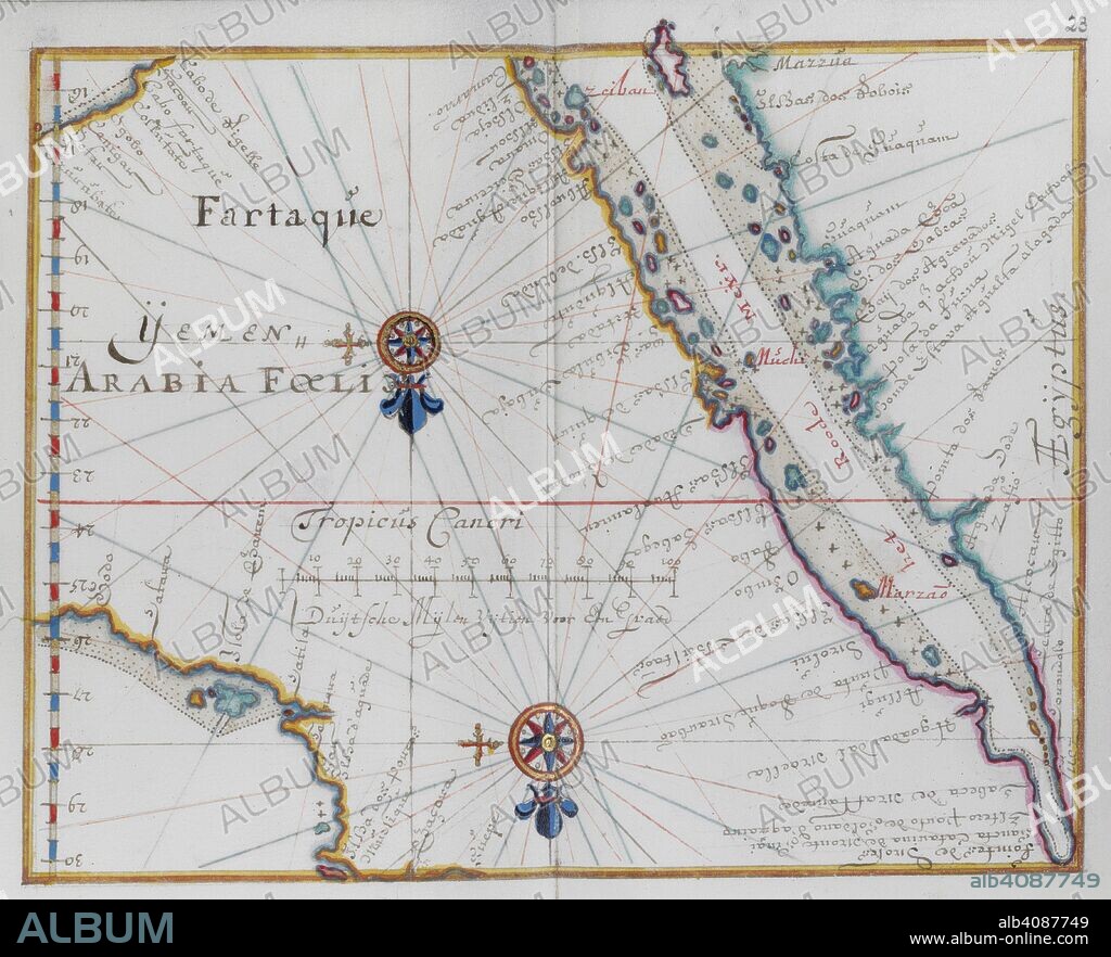 Arabia. Yemen. DUTCH PORTOLANO, containing forty-nine coloured maps and views. 17th century. Source: Add. 34184, f.22.