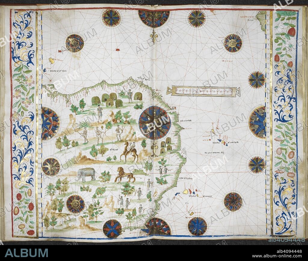 Chart of the western coast of Africa from the Gulf of Guinea to the Straits, with the adjacent isles, and a small part of the coast of South America. Jean Rotz, Boke of Idrography (The 'Rotz Atlas'). c 1535-1542. Source: Royal MS 20 E IX f.17v-18. Language: French & English.