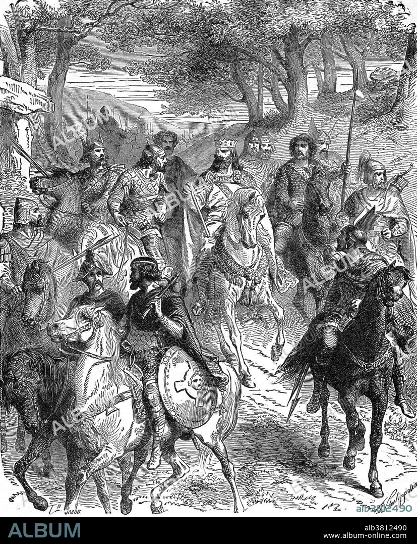 Charlemagne and his nobles. Charlemagne (742-814 AD) was King of the Franks from 768 and Emperor of the Romans (Imperator Romanorum) from 800 to his death in 814. He expanded the Frankish kingdom into an empire. He conquered Italy and was crowned Imperator Augustus by Pope Leo III in Rome. His rule is also associated with the Carolingian Renaissance, a revival of art, religion, and culture through the medium of the Catholic Church. Through his foreign conquests and internal reforms, Charlemagne helped define both Western Europe and the European Middle Ages. He is numbered as Charles I in the regnal lists of Germany, the Holy Roman Empire, and France. Charlemagne had eighteen children over the course of his life with eight of his ten known wives or concubines. In 1814 he fell ill with pleurisy. He died the seventh day (January 28th) from the time that he took to his bed, at nine o'clock in the morning, after partaking of the Holy Communion, in the 72nd year and the 47th of his reign.