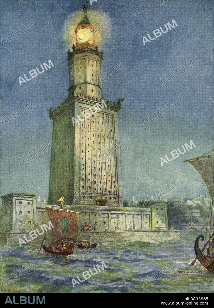 The Pharos of Alexandria, or the Lighthouse of Alexandria. One of the Seven Wonders of the Ancient World. In its time it was amongst the tallest structures in the world, standing approximately 100 metres high. After a work by Harold Oakley.