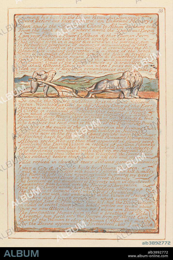 WILLIAM BLAKE. Jerusalem, Plate 33, "Turning his back to the Divine Vision....". Date/Period: 1804 to 1820. Print. Orange print, pen, black ink and watercolor on cream-colored paper (Relief etching printed in orange with pen and black ink and watercolor on moderately thick, smooth, cream wove paper). Height: 225 mm (8.85 in); Width: 149 mm (5.86 in).