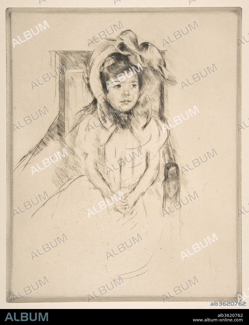 Margot Wearing a Large Bonnet, Seated in an Armchair. Artist: Mary Cassatt (American, Pittsburgh, Pennsylvania 1844-1926 Le Mesnil-Théribus, Oise). Dimensions: plate: 11 11/16 x 9 3/8 in. (29.7 x 23.8 cm)
sheet: 17 3/8 x 12 in. (44.1 x 30.5 cm). Date: ca. 1904.