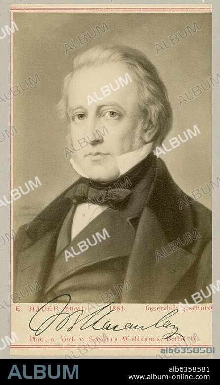 Macaulay, Thomas Babington, Lord M. of Rothley; British politician and historian, Rothley-Temple (Leicestershire, UK) 25.10.1800 - Kensington (London, UK) 28.12.1859. Portrait. Grisaille painting, 1884, by Ernst Hader (actove 1866-92) after a contemporary image. Photo reproduction with facsimile signature, Berlin, Germany (Verlag von Sophus Williams). Berlin, Sammlung Archiv für Kunst und Geschichte.