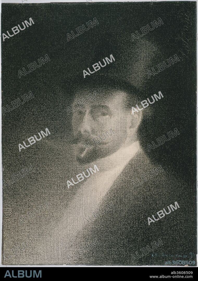 Self-Portrait. Artist: Charles Angrand (French, Criquetot-sur-Ouville 1854-1926 Rouen). Dimensions: 24 x 17 1/2 in.  (61 x 44.4 cm). Date: 1892.
A close friend and follower of Georges Seurat and a founding member of the Neo-Impressionist movement, Angrand was a master of Conté crayon, preferring to work in its limited palette of black, white, and gray. Here Angrand presents himself, not at all as an artist, but as a bourgeois dandy, impeccably dressed and smoking a cigar. Angrand's technical ability in this self-portrait is stunning. In the words of an early critic, Angrand's image seems to emerge from a "luminous mist." Fellow Neo-Impressionist Paul Signac praised Angrand's crayon drawings: "his drawings are masterpieces. It would be impossible to imagine a better use of white and black. These are the most beautiful drawings, poems of light, of fine composition and execution." Many of the Neo-Impressionists were friends, as evidenced by the numerous extant Conté crayon depictions they made of themselves and of one another.