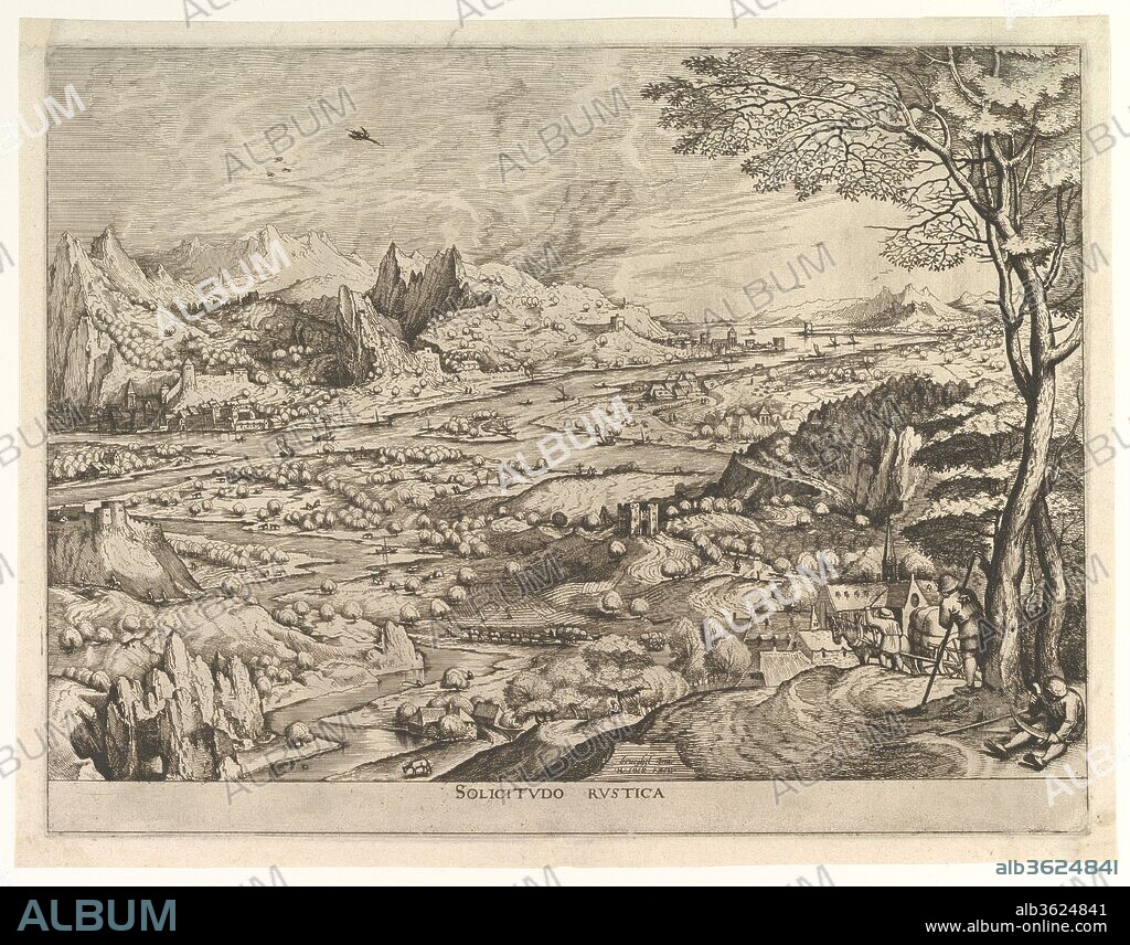 Rustic Solicitude (Solicitudo rustica) from The Large Landscapes. Artist: After Pieter Bruegel the Elder (Netherlandish, Breda (?) ca. 1525-1569 Brussels); Johannes van Doetecum the elder (Netherlandish, active 1554-ca. 1600, died 1605); Lucas van Doetecum (Netherlandish, active 1554-72, died before 1589). Dimensions: Sheet: 13 3/4 x 17 15/16 in. (35 x 45.5 cm)
Plate: 12 13/16 x 17 in. (32.6 x 43.2 cm). Publisher: Hieronymus Cock (Netherlandish, Antwerp ca. 1510-1570 Antwerp). Date: ca. 1555-56.