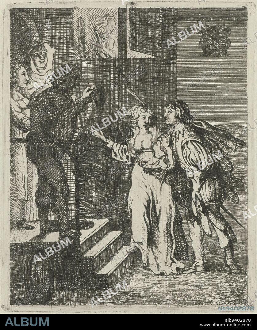 A woman, bare-breasted, invites a man to enter with her into a house where  a man and two women are standing on the doorstep., Brothel, print maker:  anonymous, 1650 - 1800, - Album alb9402878