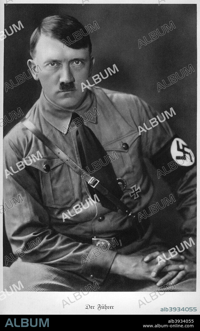 Adolf Hitler, Austrian born dictator of Nazi Germany, 1938. Hitler (1889-1945) became leader of the National Socialist German Workers (Nazi) party in 1921. After an unsuccessful coup attempt in Munich in 1923, for which he was briefly imprisoned, Hitler set about pursuing power by democratic means. His nationalistic and anti-semitic message quickly gained support in a Germany humiliated by defeat in World War I and the harsh terms of the Treaty of Versailles and, from the late 1920s, suffering from economic collapse. Hitler came to power in 1933, and persuaded the Reichstag (parliament) to grant him dictatorial powers. He proceeded to crush opposition both within his own party and throughout German society, and set about re-arming Germany. Hitler's aggressive policy of territorial expansion to secure 'lebensraum' (living space) for the German people eventually plunged the world into the Second World War. A print from Kampf um's Dritte Reich: Historische Bilderfolge, Berlin, 1933.