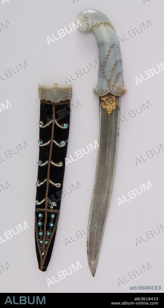 Dagger (Khanjar) with Sheath. Culture: Indian, Mughal. Dimensions: H. with sheath 14 7/16 in. (36.7 cm); H. without sheath 14 1/4 in. (36.2 cm); H. of blade 9 7/8 in. (25.1 cm); W. 2 7/8 in. (7.3 cm); Wt. 8.2 oz. (232.5 g); Wt. of sheath 1.7 oz. (48.2 g). Date: 19th century.