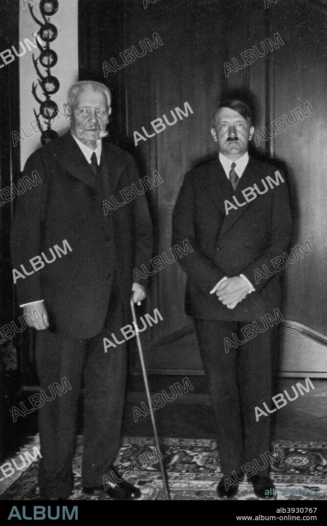 German President Paul von Hindenburg and Chancellor Adolf Hitler, c1933-c1934. A national hero for his victory over the Russians at Tannenberg early in World War I, Field Marshal Paul von Hindenburg (1847-1934) served as Germany's president from 1925 until his death. Although initially oposed to the idea, Hindenburg was eventually persuaded to appoint Hitler (1889-1947) Chancellor of Germany on 30 January 1933. Hitler had come second to Hindenburg in the 1932 German presidential election. A print from Adolf Hitler. Bilder aus dem Leben des Führers, Hamburg: Cigaretten/Bilderdienst Hamburg/Bahrenfeld, 1936.