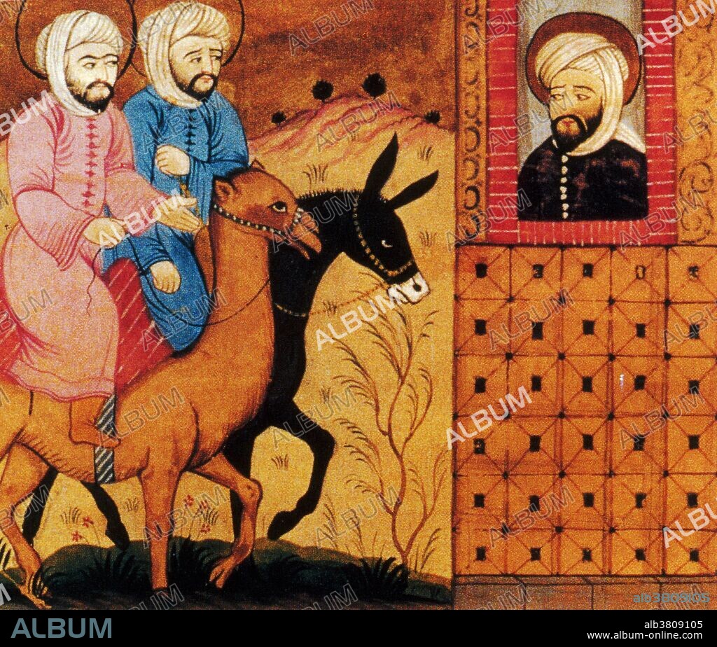 Jesus on a donkey and Muhammad on a camel riding together. Illustrates the esteem that Muslims feel for the Christian Jesus. He is regarded as one of the great prophets and the direct precursor of Muhammad. He proclaimed the Gospels, as Moses before him proclaimed the Torah and as Muhammad proclaimed the Koran after him. In the Koran he is called the "word of god" and "messiah" , but he is considered only a man free of sin and not the son of God. He will return at the end of time, rule as a righteous Muslim and restore unity to mankind. Persian miniature from a work by al-Biruni, 18th century.