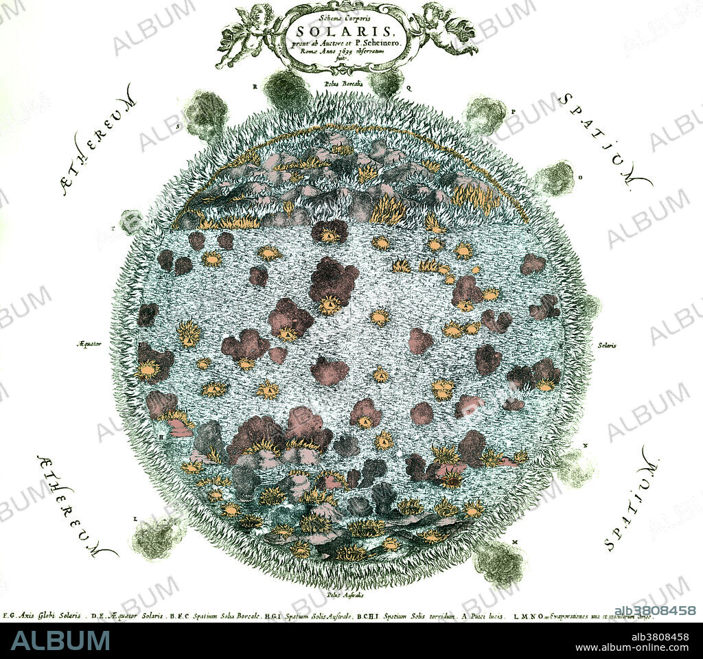 Colorization of Schema Corporis Solaris, surface of the sun showing sunspots from Mundus Subterraneus published in 1664-5 by Athanasius Kircher and Christoph Scheiner. A key along the bottom explains the letters used to label the diagram, including the solar axis, the solar equator, the northern and southern polar regions of the Sun, the central equatorial region of the Sun, sunspots (A), and solar prominences (puffs of smoke). The corners are labelled with the Latin words for ether and space. Athanasius Kircher (1601-1680) (master of a hundred arts) and Christoph Scheiner (1573/75-1650) were German Jesuit scholars.