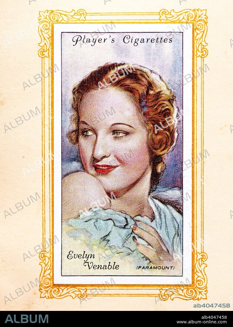 Evelyn Venable, American actress (1913-1993), 1934. She was the voice and model for the Blue Fairy in Walt Disney's Pinocchio (1940). She was also the original model for the personification of Columbia in the Columbia Pictures logo. From An Album of Film Stars; Second Series issued by John Player & Sons. [Imperial Tobacco & Co Ltd, 1934].