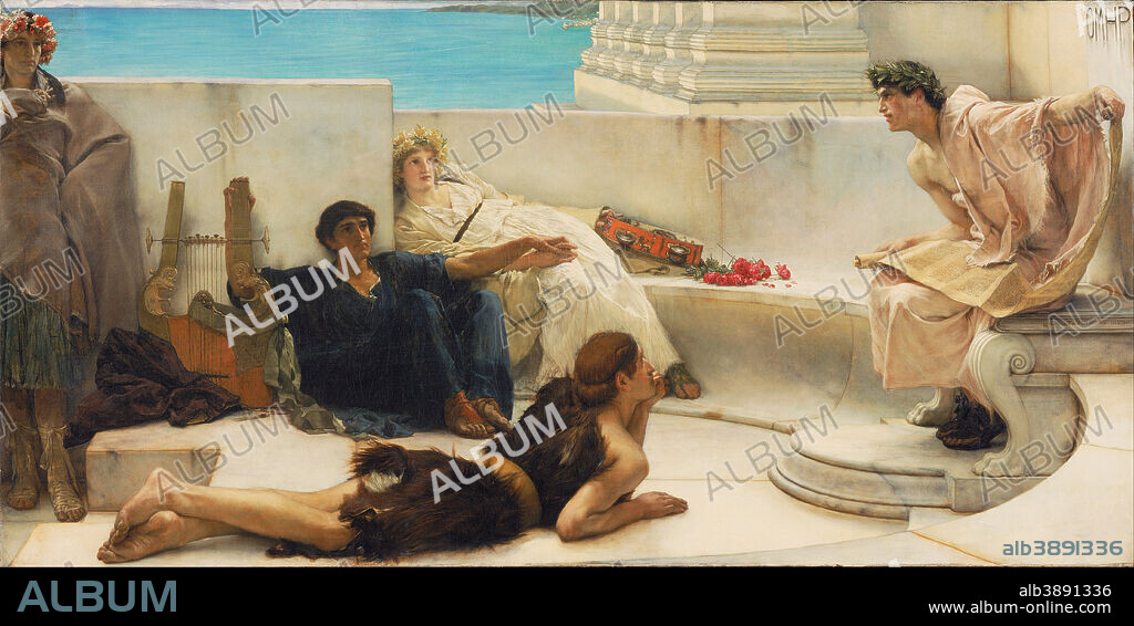 LAWRENCE ALMA-TADEMA. A Reading from Homer. Date/Period: 1885. Painting. Oil on canvas. Height: 91.8 cm (36.1 in); Width: 183.5 cm (72.2 in).