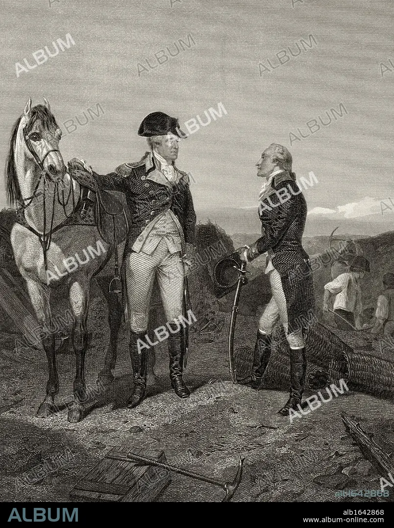 First meeting of George Washington 1732 to 1799 with Alexander Hamilton 1755 or 1757 to 1804 After Alonzo Chappel from Life and Times of Washington Volume 1 published 1857 Album alb1642868